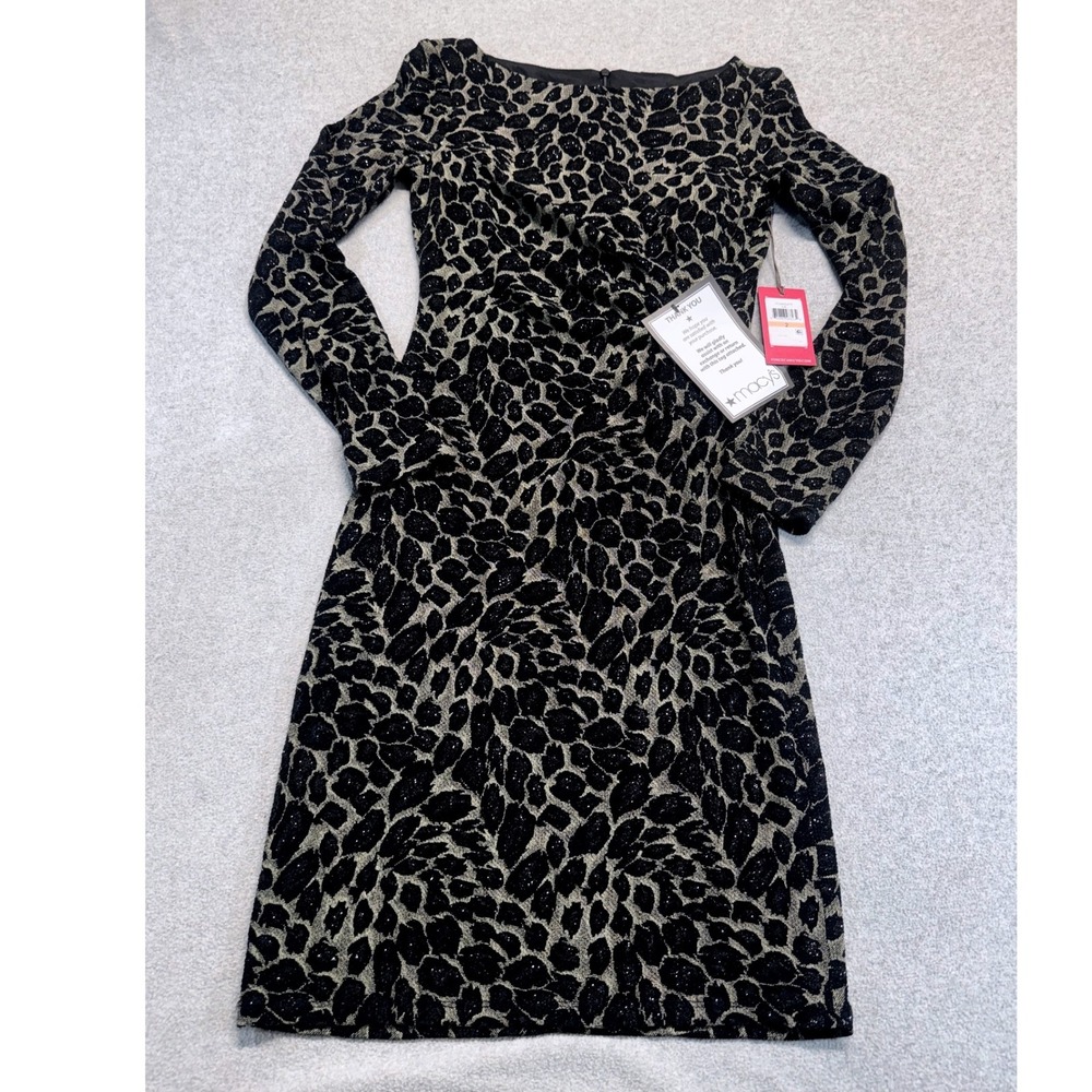 Vince Camuto Sheath Dress Womens 2 Black Gold Leopard Metallic Cocktail NWT